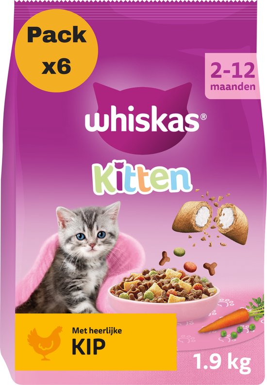 Paarse Whiskas Kitten droogvoer verpakking met kitten, gevulde brokjes, groenten en tekst "Met heerlijke KIP".