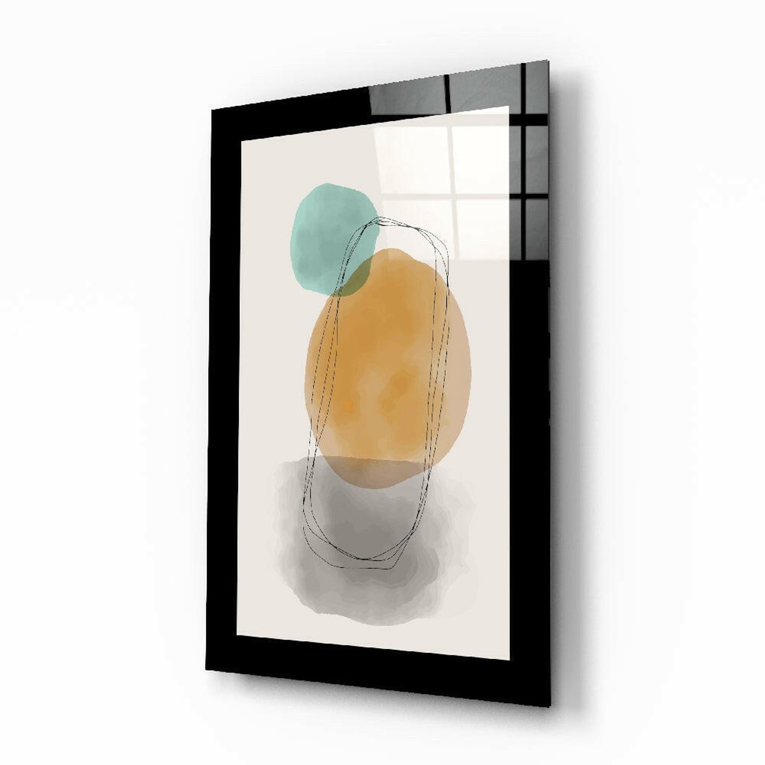 Glasschilderij – Boho Vormen in Turquoise en Oker – Sfeervolle Wanddecoratie