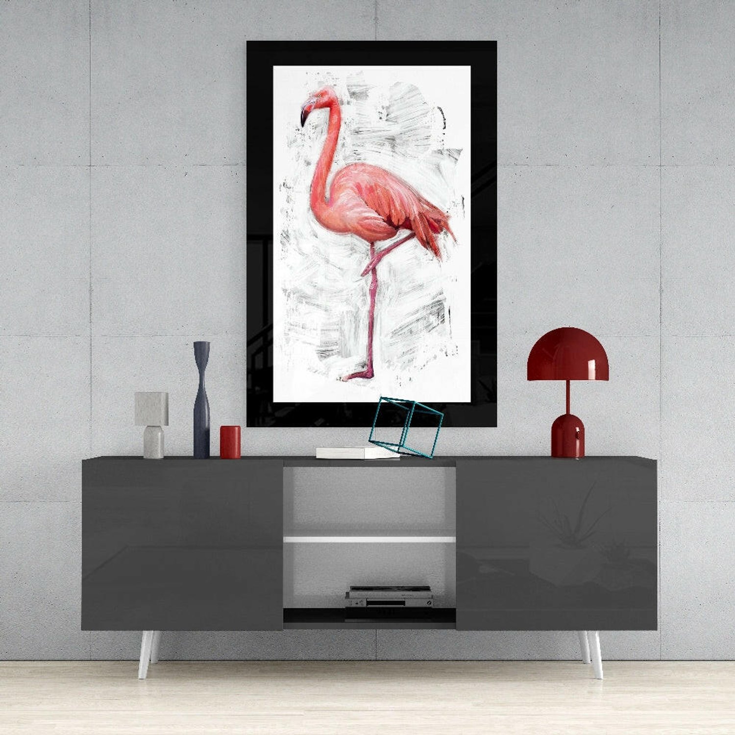 Glasschilderij – Eenzame Flamingo – Moderne Kunstdecoratie