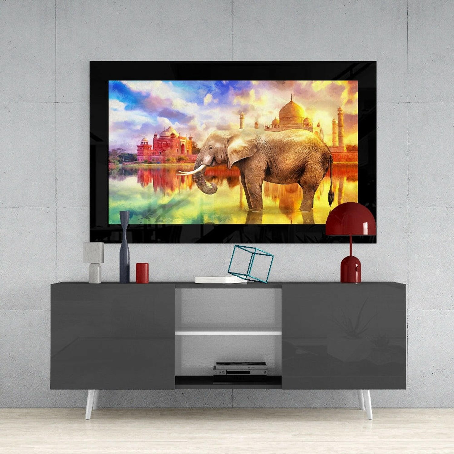 Glasschilderij – Gouden Paleisreflectie met Olifant – Stijlvolle Kunst aan de Muur