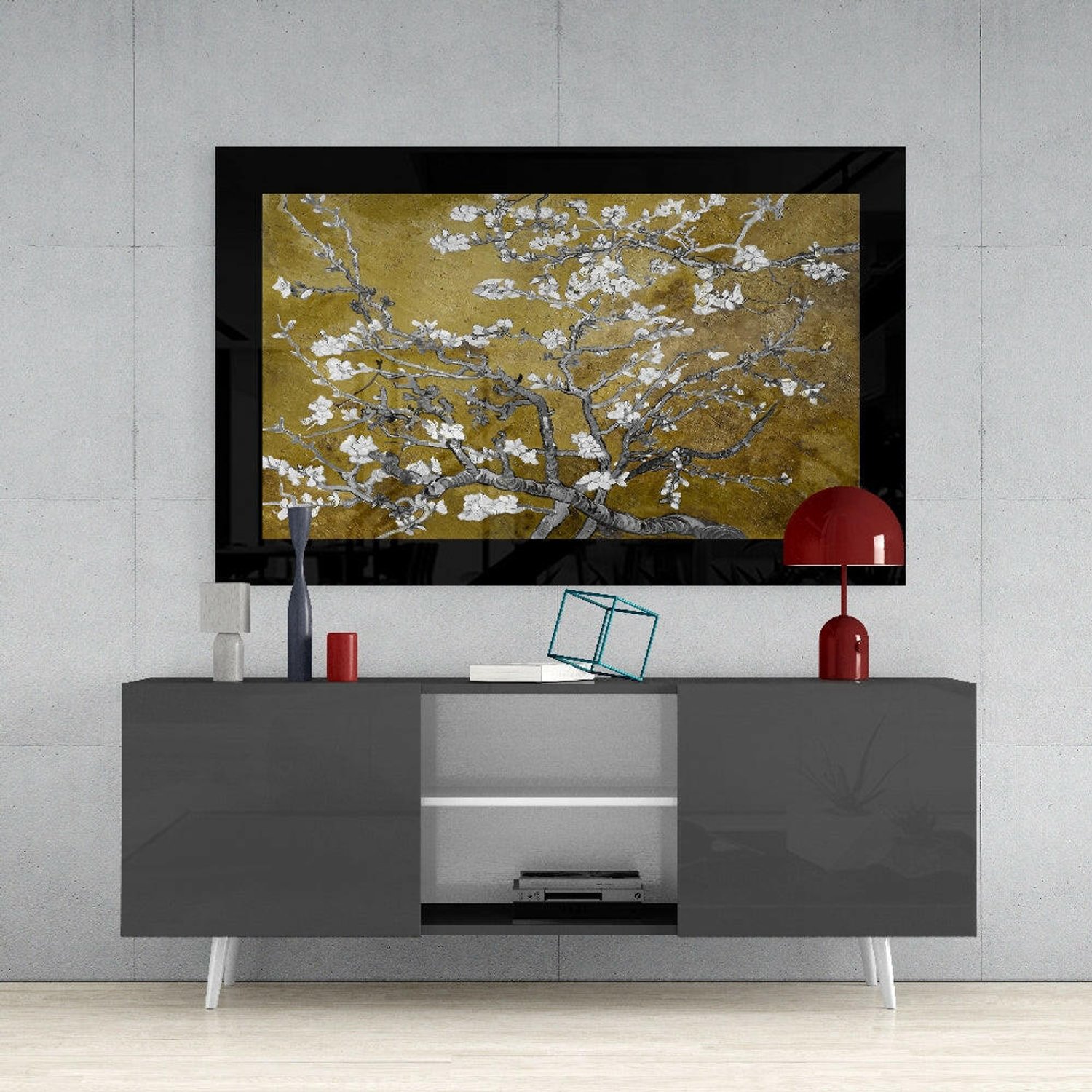 Glasschilderij – Gouden Amandelbloemen – Moderne Wanddecoratie