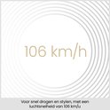 Grafisch icoon met tekst '106 km/u', aangevend de luchtsnelheid van de BaByliss föhn.