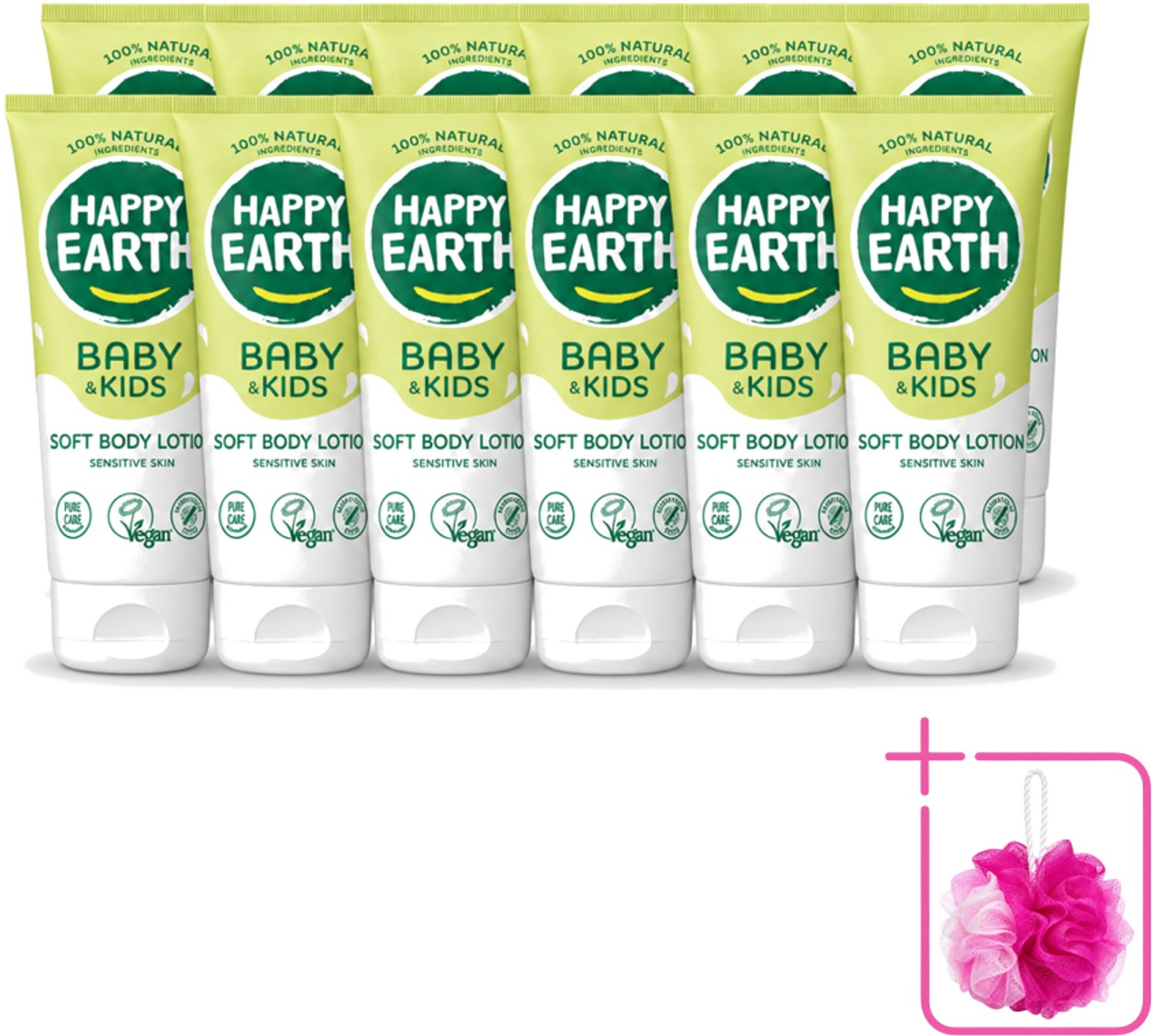 12 x Happy Earth – Bodylotion – 100% Natuurlijk Baby & Kids – 200 ml - Bulkverpakking - Babylotion - Douchemop - Kinderhuid
