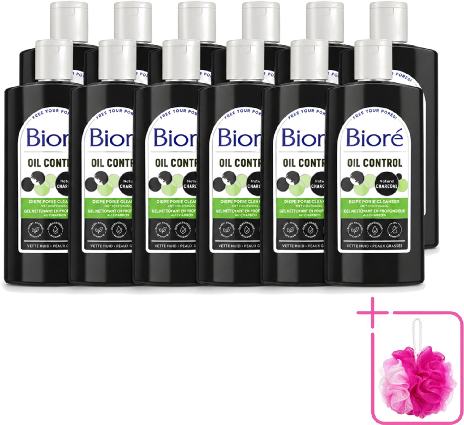 12 x Bioré – Houtskool Reinigingsgel – Gezichtsreiniger – 200 ml - Bulkverpakking - Gezichtsreiniger - Douchemop - Houtskool