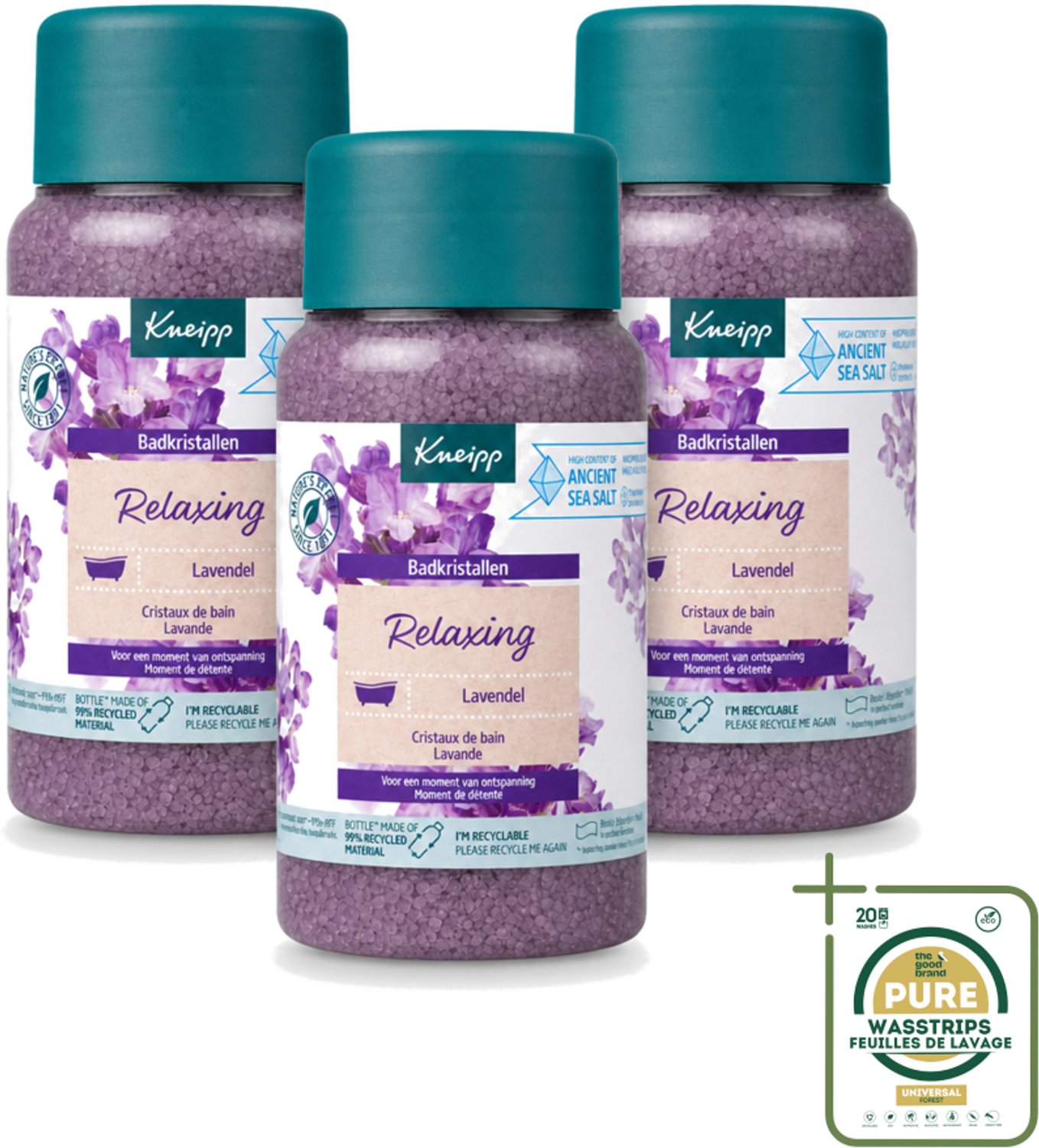 3 x Kneipp - Badzout - Badkristallen - Lavendel - 600 g - Wasstrips - Badzout - Badkristallen - Ontspanning - Lavendel - Thermaal Zout