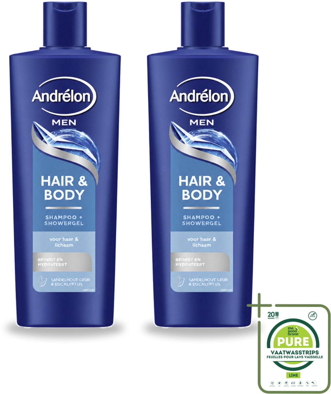 2 x Andrélon – Shampoo – Hair & Body Men – 400 ml - Grootverpakking - Vaatwasstrips - Mannelijke Haar En Huid Verzorging - 2-in-1 Shampoo En Showergel - Eucalyptus En Sandelhout Geur - Dagelijks Haar En Huid Reinigen - Sport Na Douche