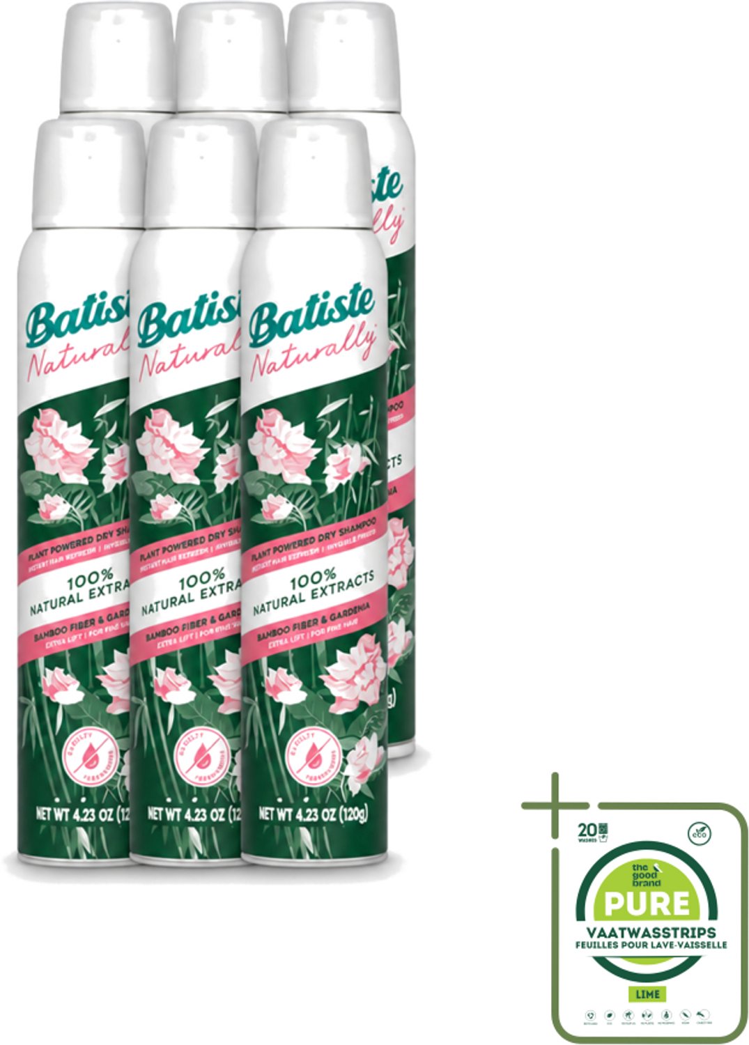 6 x Batiste - Naturally Bamboo Fibre & Gardenia - Droogshampoo - Versterkt en Verfrist - 100% Natuurlijk - 200ml - Grootverpakking - Natuurlijke Haarkleur - Haarkleur Verfrissen - Haarkleur Versterken - Haarkleur Verzorgen - Haarkleur Droogshampoo