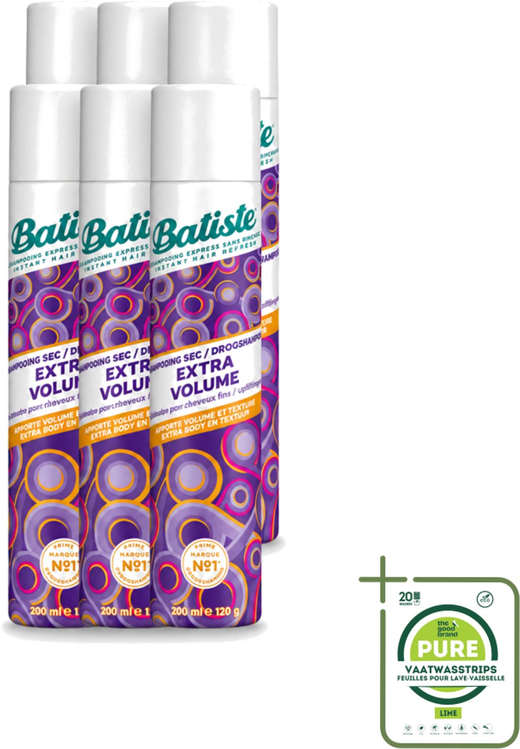 6 x Batiste - Extra Volume - Droogshampoo - Geeft Meer Volheid - Frist Vet Haar Op - 200ml - Grootverpakking - Vaatwasstrips - Extra Volume Haar - Droogshampoo - Haar Volume - Haar Lift - Fris Haar