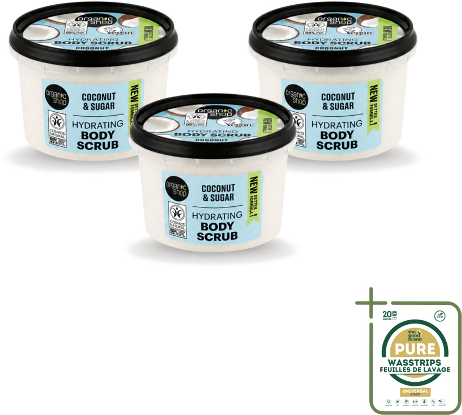 3 x Organic Shop - Hydrating Body Scrub Coconut - Diep Voedend - 250 ml - Wasstrips - Huidverzorging - Suikerscrub - Kokosolie - Exfoliatie - Hydratatie