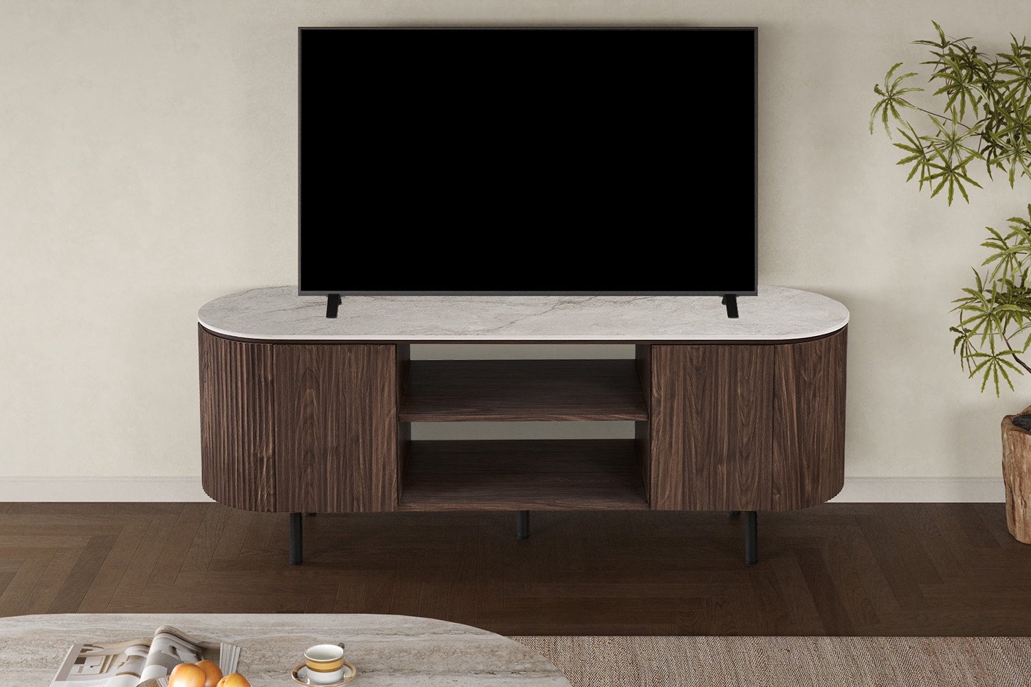 Tv-meubel Vigo - 160x45x58cm - 2 Deuren - Marmerlook - Rousseau - TV-meubel - Bruin; Beige - Steen; MDF