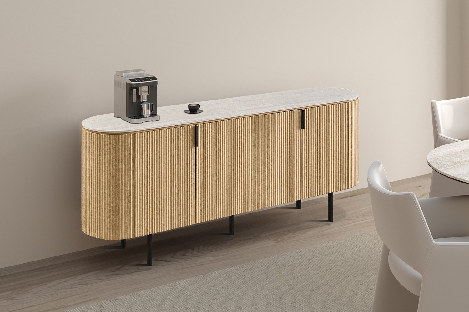 Rousseau Vigo Dressoir – 200 cm – Naturel Eikenlook – Stenen Blad met Grijze Marmerlook – Afgerond Retro Design