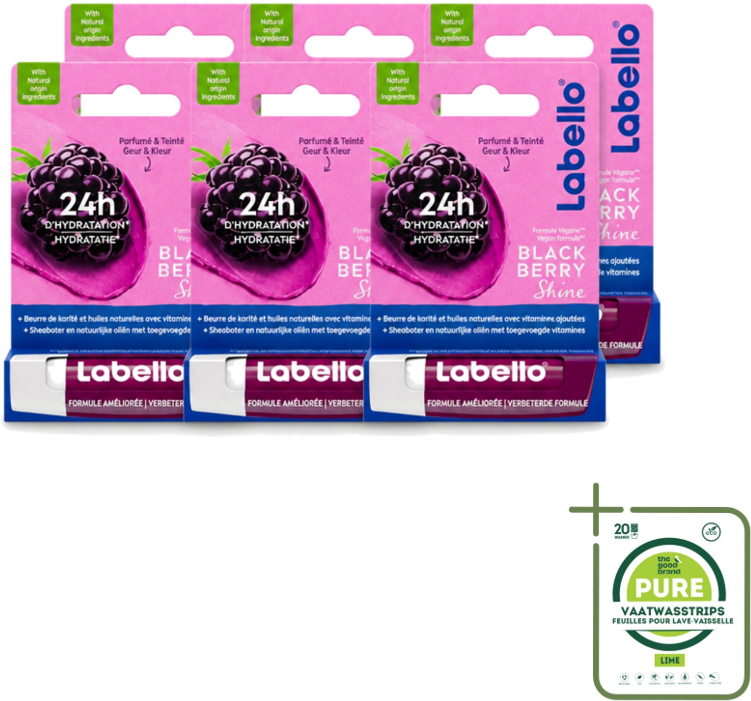 6 x Labello – Lippenbalsem – Blackberry Shine – Lippenbalsem – Shea Boter & Jojoba Olie – 5,5 ml - Grootverpakking - Vaatwasstrips - Lippenbalsem - Hydratatie - Glans - Braam - Natuurlijke Oliën