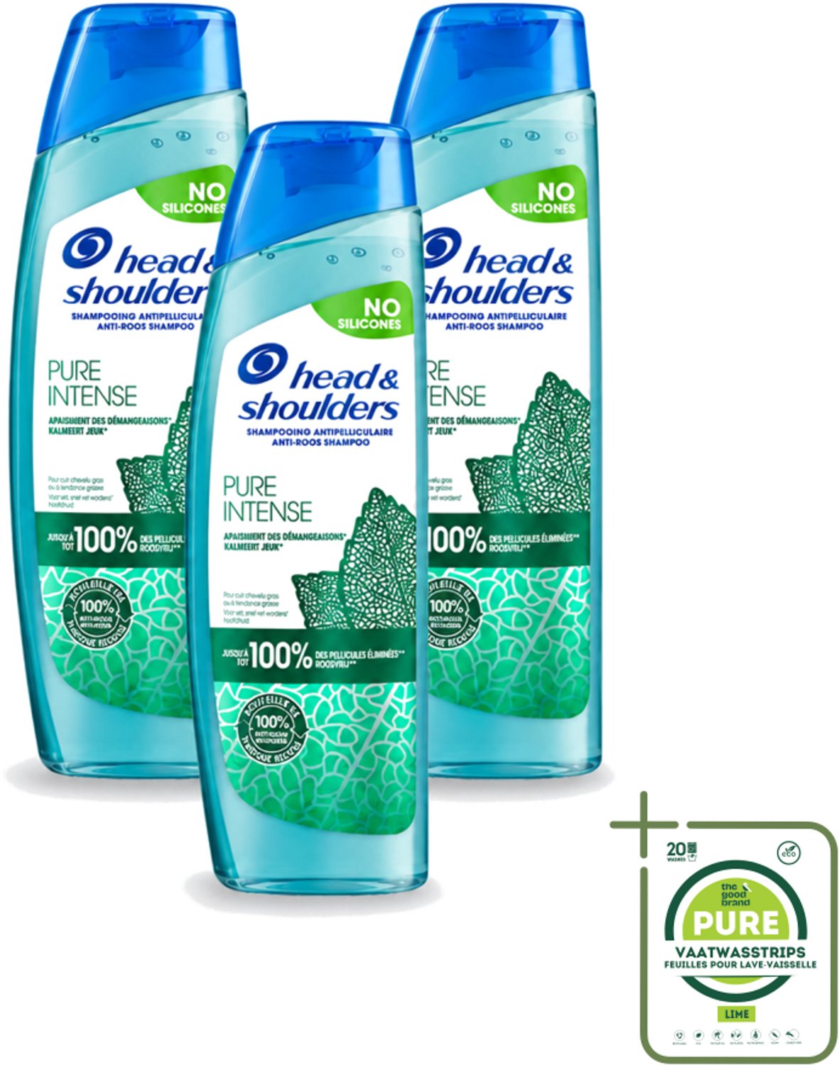 3 x Head & Shoulders – Shampoo – Pure Intense Kalmeert Jeuk – 250 ml - Grootverpakking - Vaatwasstrips - Anti-roos Shampoo - Shampoo Bij Jeukende Hoofdhuid - Pepermunt Shampoo - Siliconenvrije Shampoo - Roosvrije Shampoo