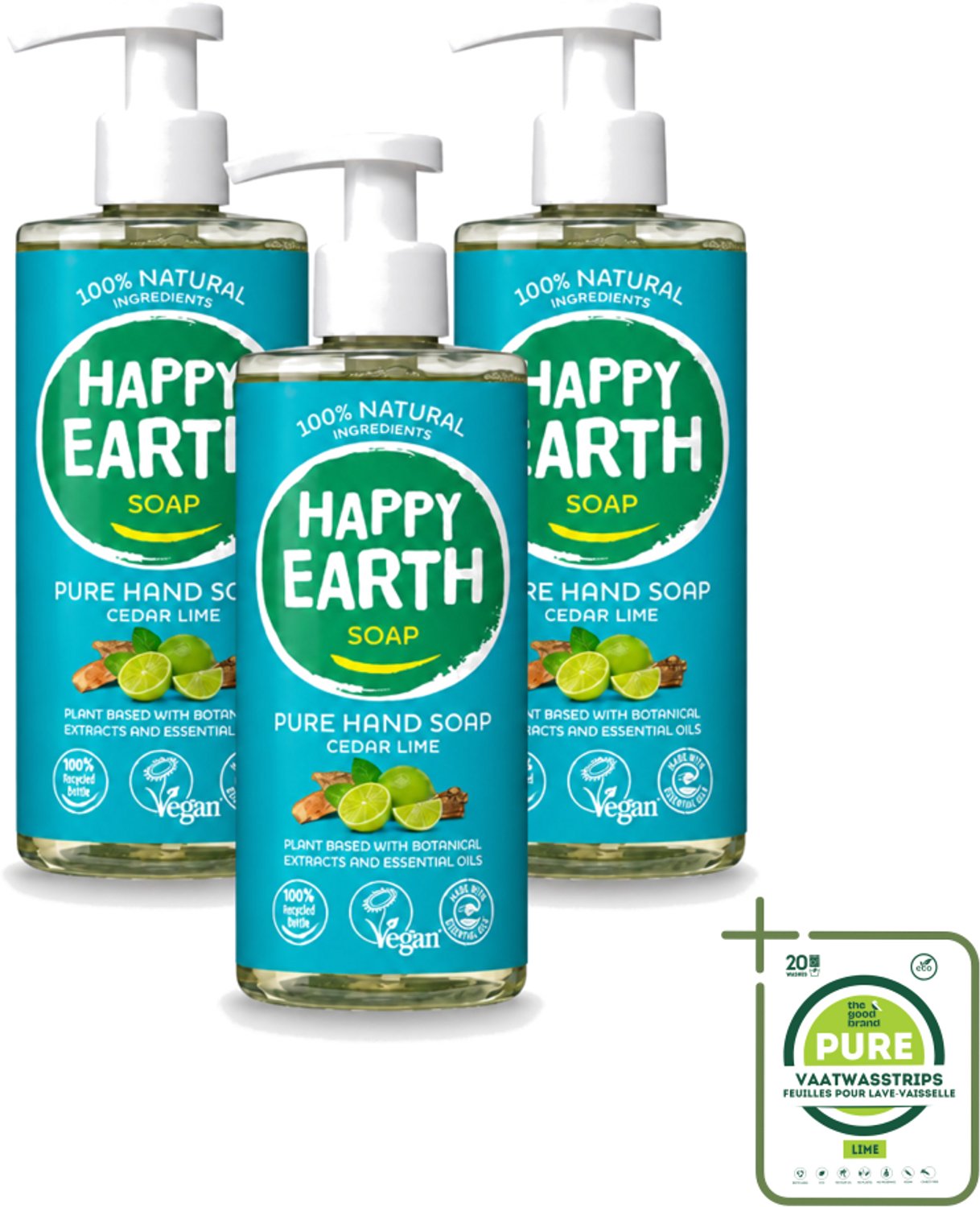 3 x Happy Earth – Handzeep – 100% Natuurlijk Cedar Lime – 300 ml - Grootverpakking - Vaatwasstrips - Natuurlijke Handzeep - Vegan Handzeep - Ceder En Limoen - Handzeep Met Essentiële Oliën - Antibacteriële Handzeep