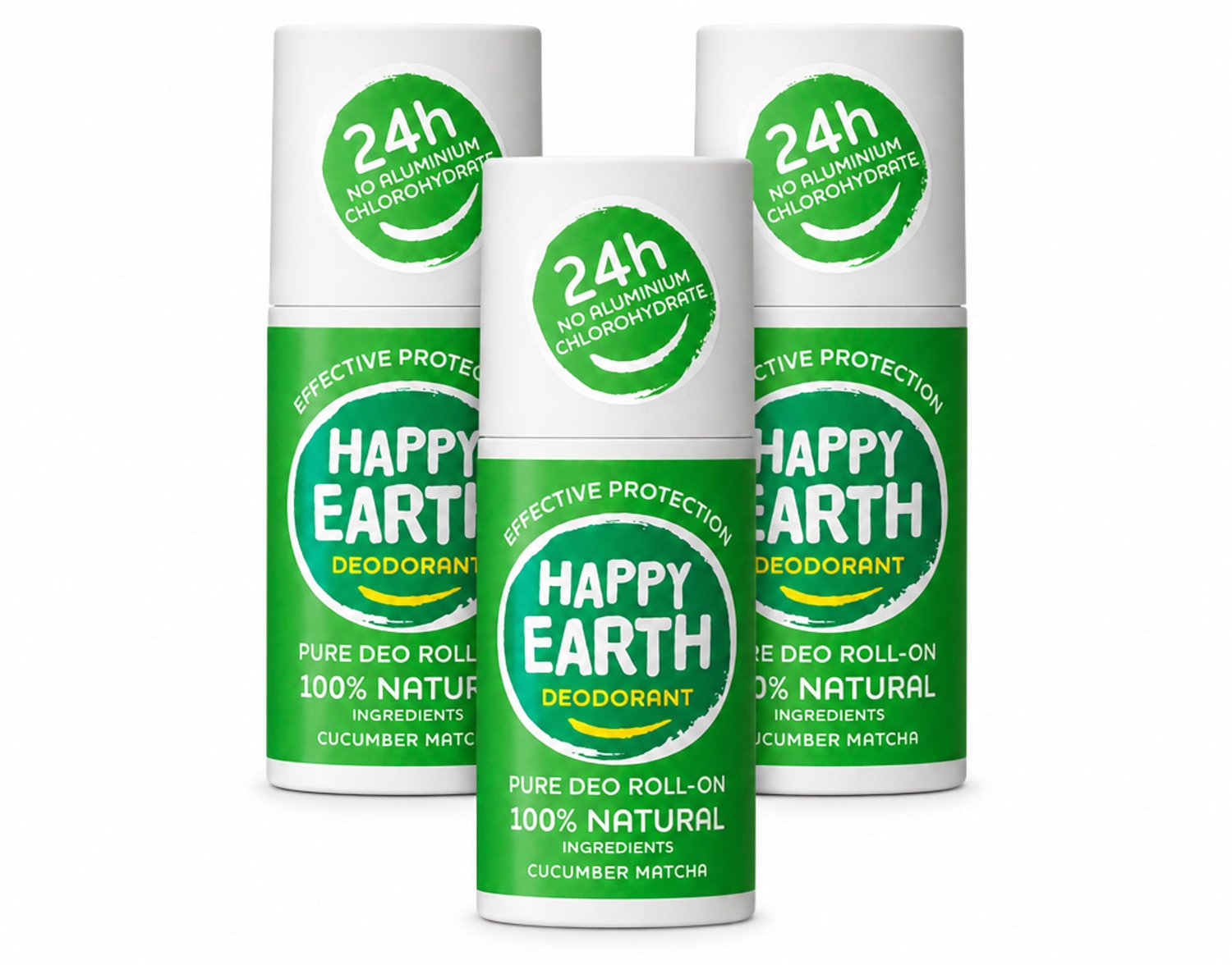 3 x Happy Earth – Deodorant Roll-On – 100% Natuurlijk Cucumber Matcha – 75 ml - Voordeelverpakking - 3 stuks