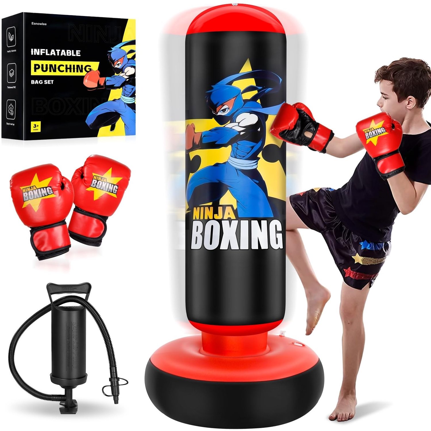 Opblaasbare Boksbal voor Kinderen 168 cm - Inclusief Bokshandschoenen - Cadeau voor Jongens en Meisjes