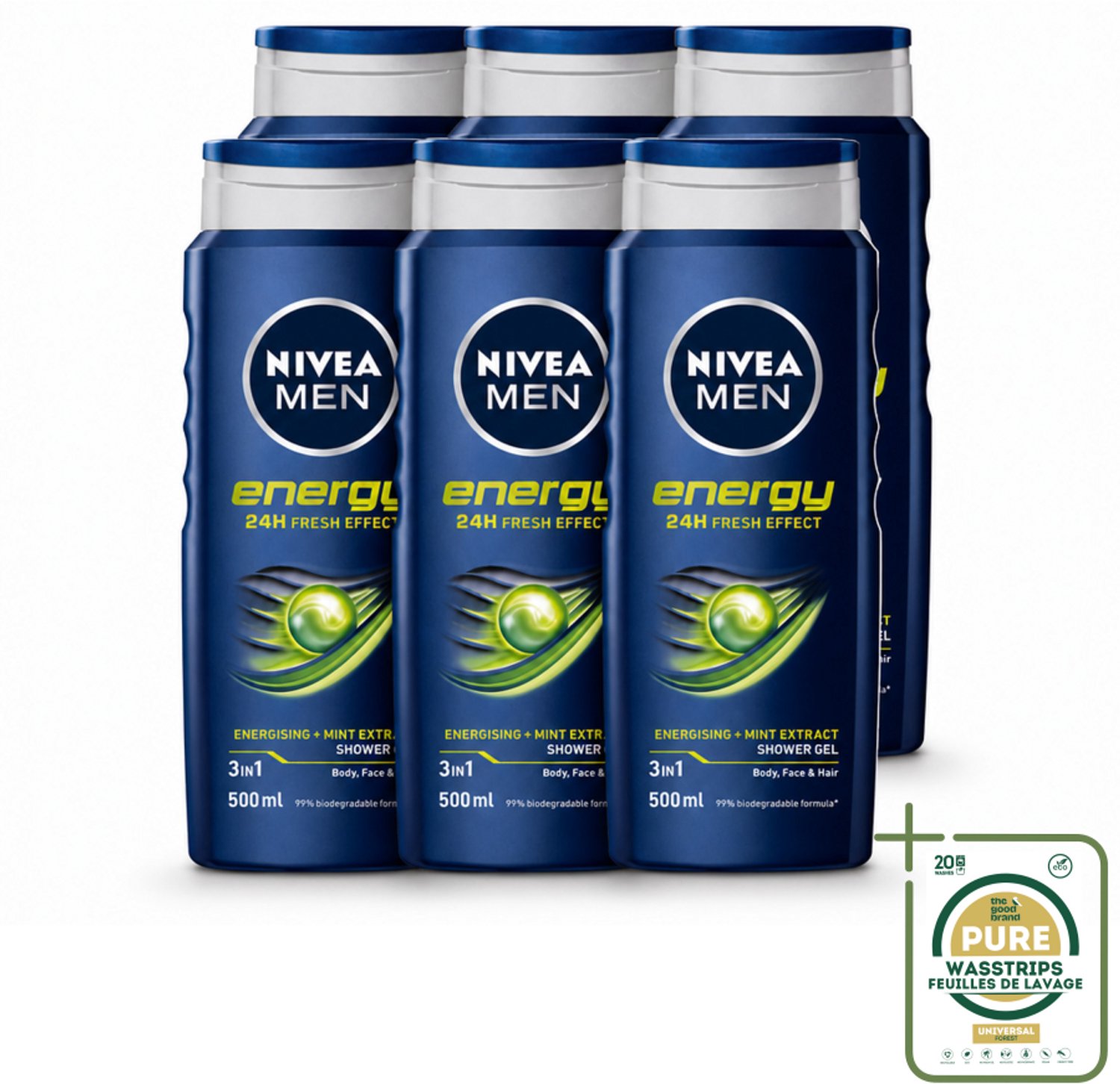 6 x NIVEA MEN - Douchegel - Energy - 500 ml - Wasstrips - Douchegel Energie - Energieboost - Mintextract - Frisheid - Lichaam Verzorging