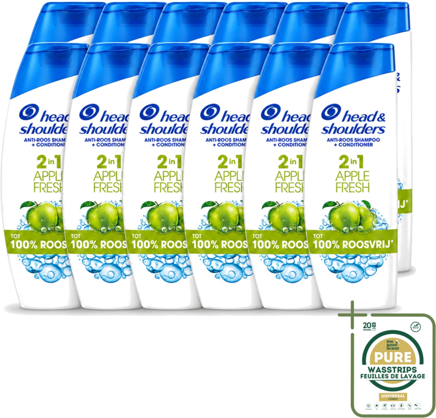 12 x Head & Shoulders - Shampoo - 2-in-1 - Apple Fresh - 100% Roosvrij - 300 ml - Wasstrips - Anti-roos Shampoo - Hoofdproblemen - Hoofdhuidgezondheid - Roosvrij Haar - Fris Haar