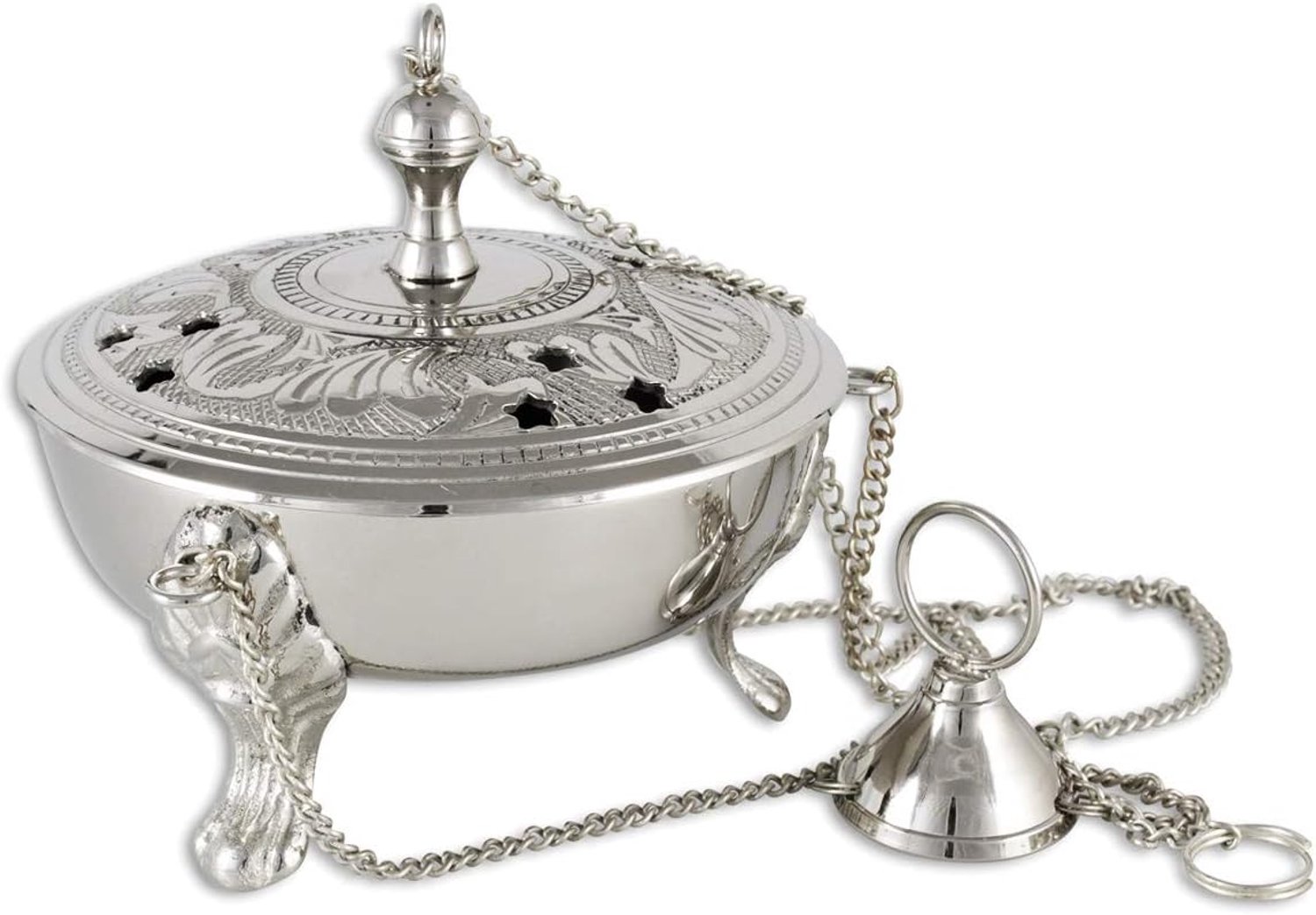 Draaibare wierookbrander van vernikkeld messing, Ø 12 cm, ketting 25 cm
