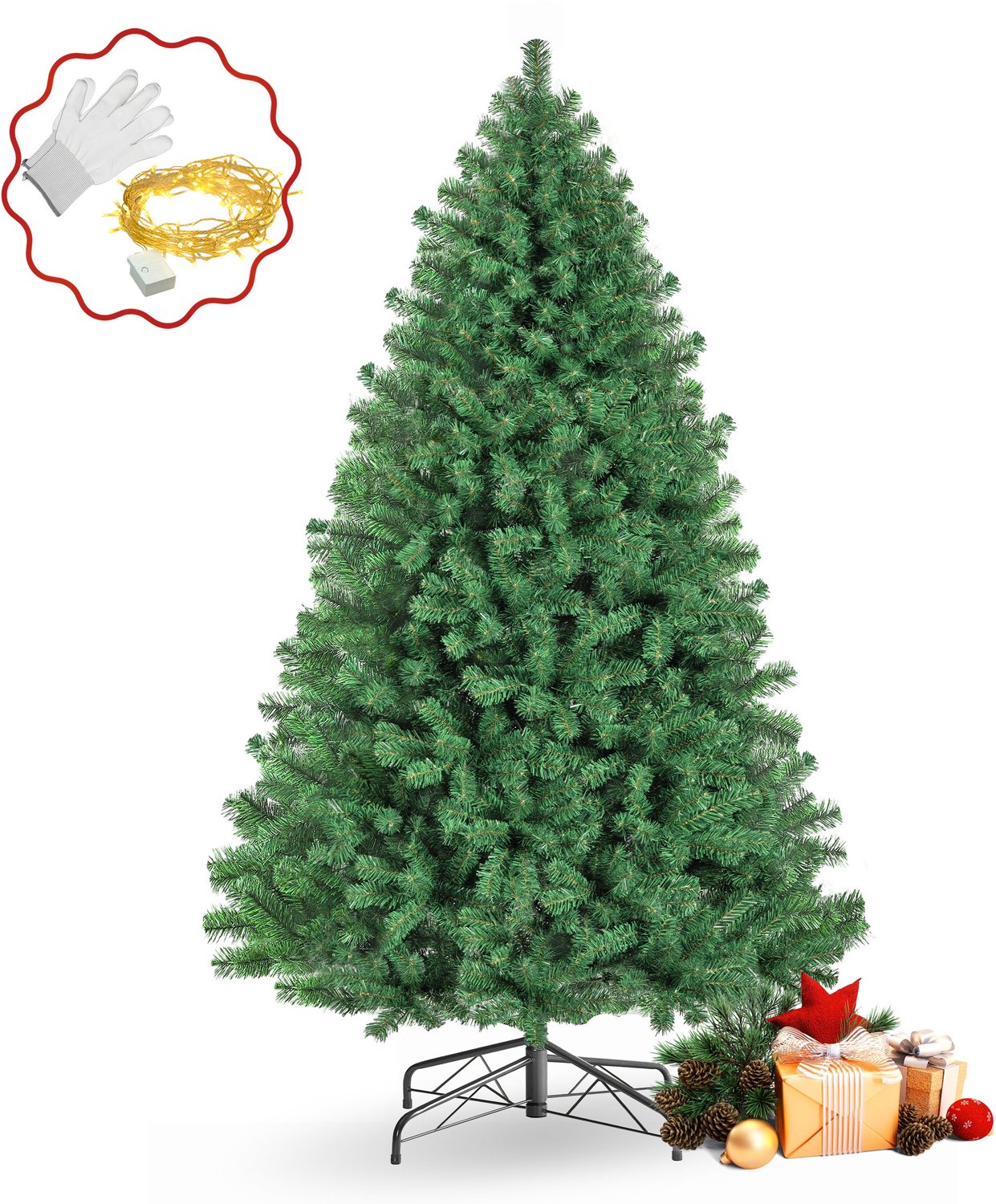 Sinaopus Kunstkerstboom 210 cm – Grote Volle Groene Kerstboom – 1050 Takpunten – PVC – Lichtsnoer Inbegrepen – Metalen Standaard – Herbruikbaar – Voor Woonkamer & Kantoor