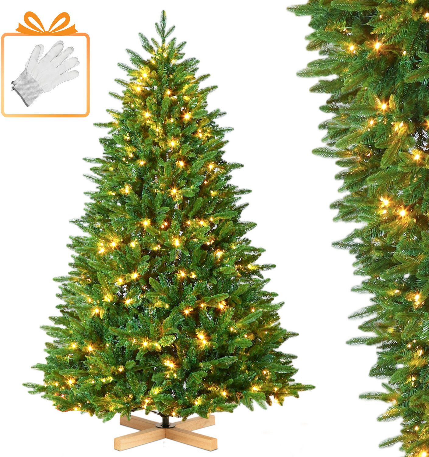 VANKEL Kunstkerstboom met Verlichting 180 cm – PE/PVC Kerstboom – 300 Lampjes – Volle Realistische Takken – Houten Voet – Groene Kunstboom voor Woonkamer