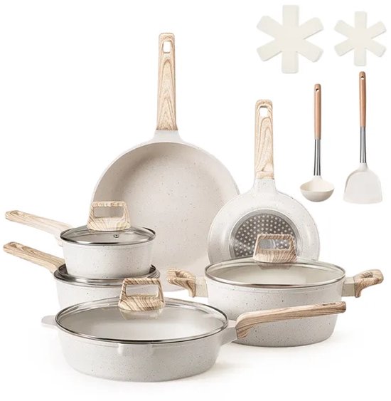 17-delige pannenset- granieten antiaanbakpannenset-inductiekookgerei- keukenset voor campers en caravans met koekenpan, sauspan, sauteerpan- deksels van gehard glas en pannenbeschermers- wit