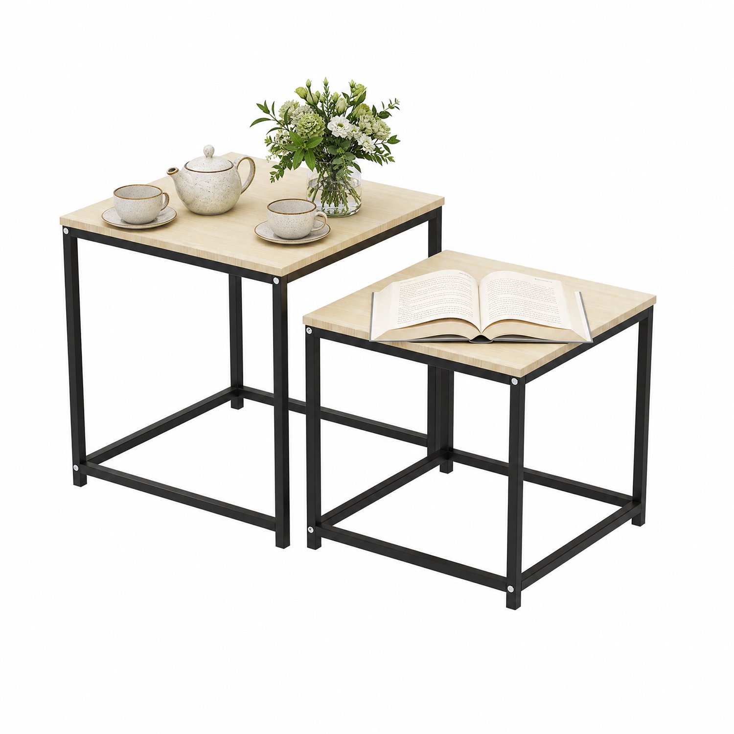 PIPIPOXER Salontafel -set van 2 - vierkant - Salontafel -industrieel - Woonkamer Bijzettafel -40 x 40 x 42 cm - Houtkleur