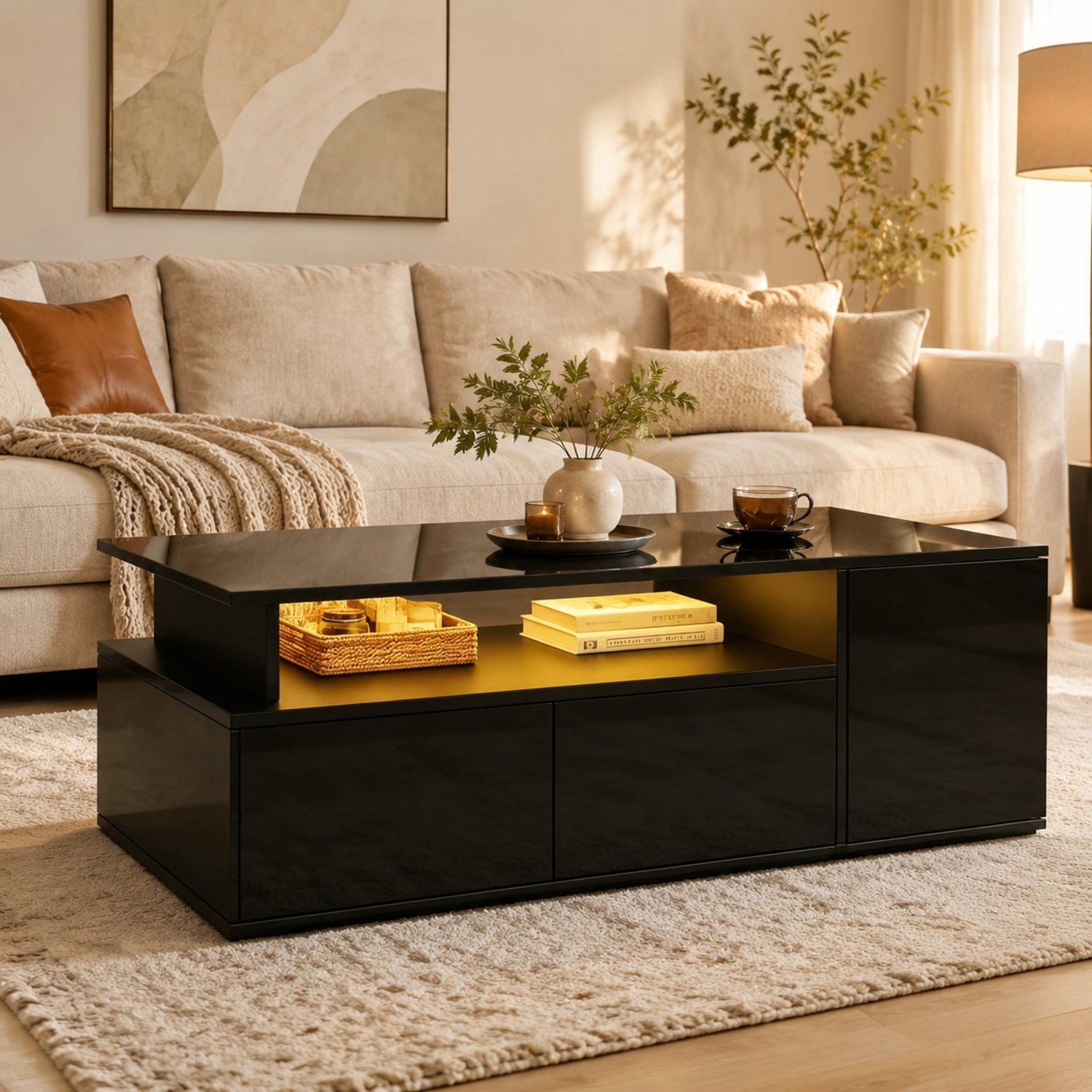 CHICFURN Salontafel - LED-verlichting - 2 lades - 3 lagen - Zwart