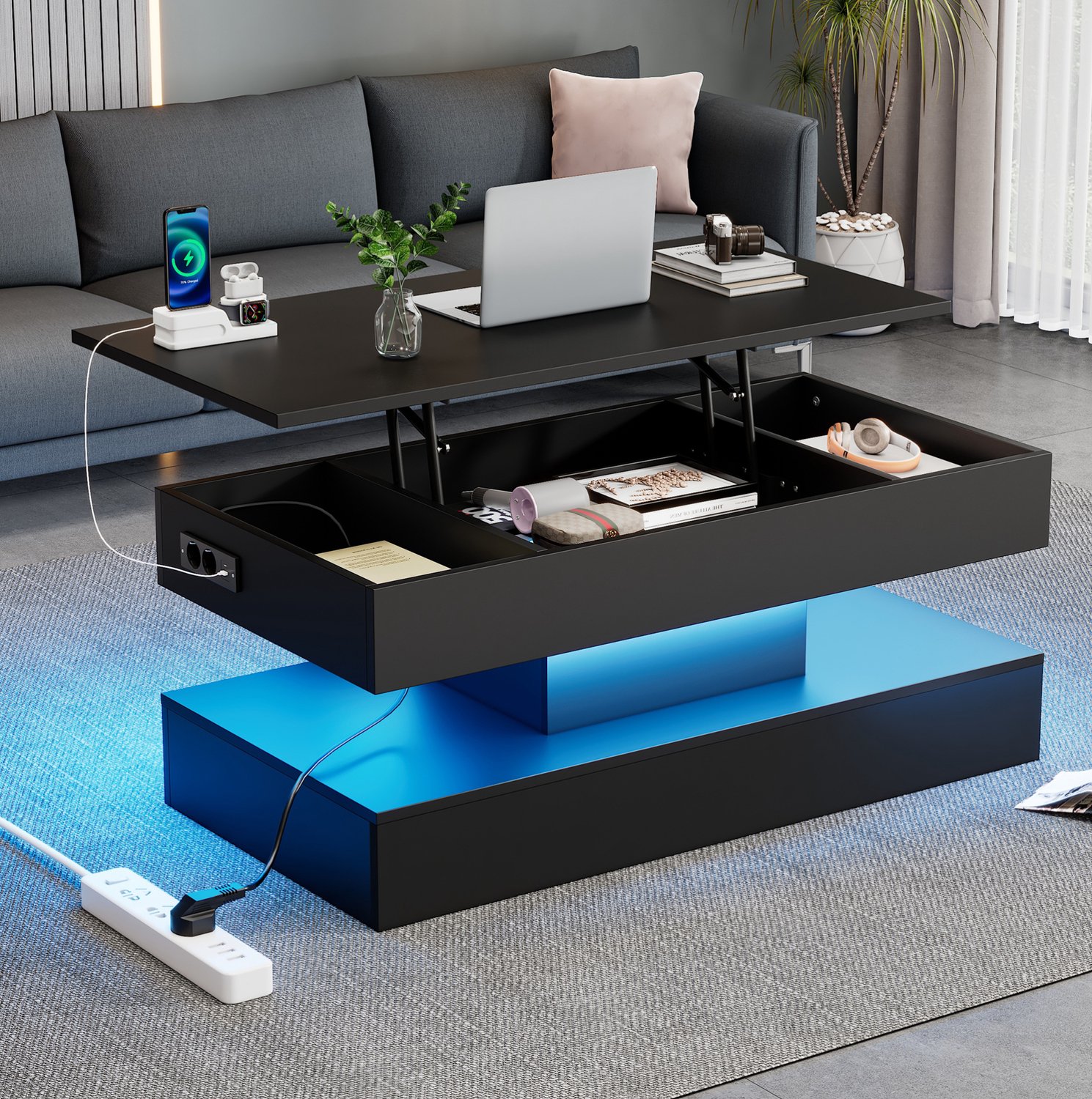 CHICFURN Salontafel - hoogteverstelbaar - LED-verlichting - opklapbaar - zwart