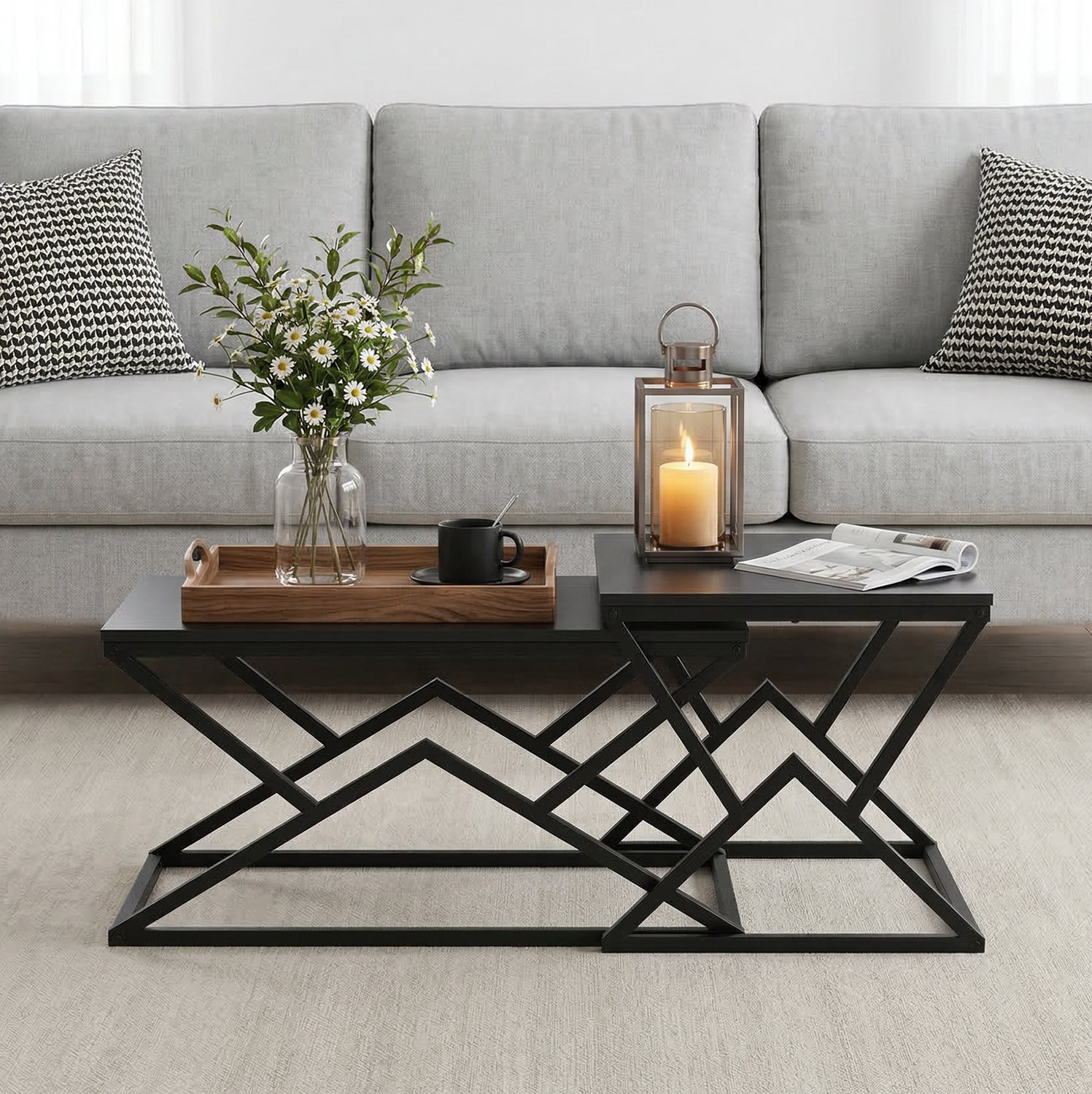 CHICFURN Salontafel - Opbergruimte - Geometrisch metalen frame - Zwart