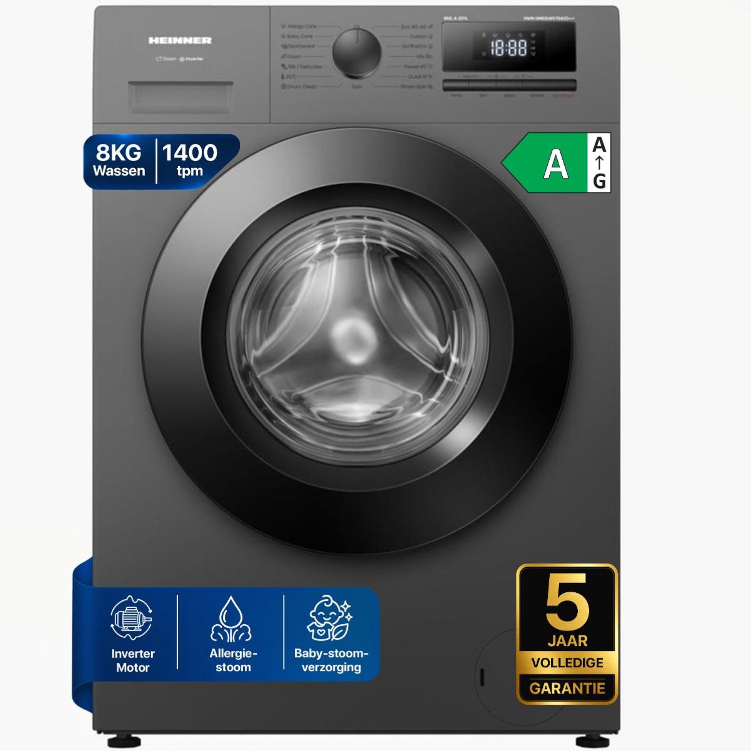 Heinner HWM-HME814IVTGA20+++ Wasmachine – 8 kg – 1400 rpm – Energieklasse A-20% – Inverter Motor – 15 Programma’s – Stoomfunctie – Digitaal Display – Titaniumgrijs – 5 Jaar Garantie