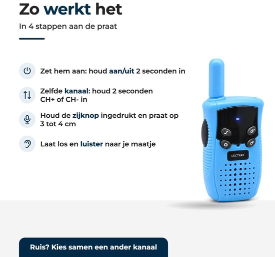 Blauwe LECTRIK walkietalkie met stappenplan voor gebruik: aanzetten, kanaal kiezen, zijknop gebruiken en luisteren.