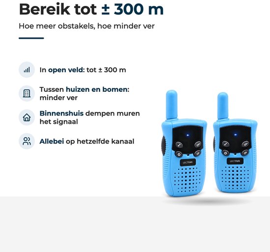 Twee blauwe LECTRIK walkietalkies met informatie over 300 meter bereik en omgevingsfactoren.