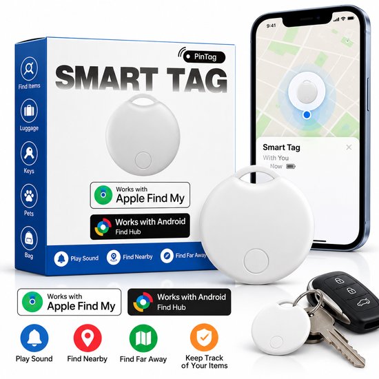 Witte PinTag Smart Tag met verpakking, compatibel met Apple Find My en Android Find Hub, getoond met sleutels.