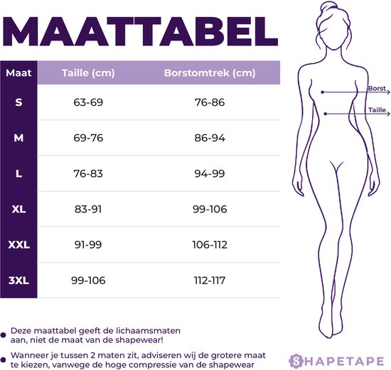 Maattabel voor dames body met taille- en borstomtrekmaten voor maten S tot 3XL, inclusief instructies voor de juiste pasvorm.