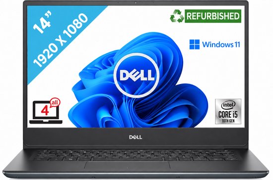 Dell laptop met 14-inch scherm, 1920x1080 resolutie, Windows 11 en Intel Core i5 processor, refurbished label.