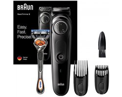 Gillette Braun Baardtrimmer Series 3 - Baardtrimmer met Gillette Fusion5 ProGlide Scheermes - Nat & Droog - 39 Lengtestanden 0,5 tot 20 mm - 80 Minuten Gebruiksduur - Snoerloos - Afwasbaar - Zwart