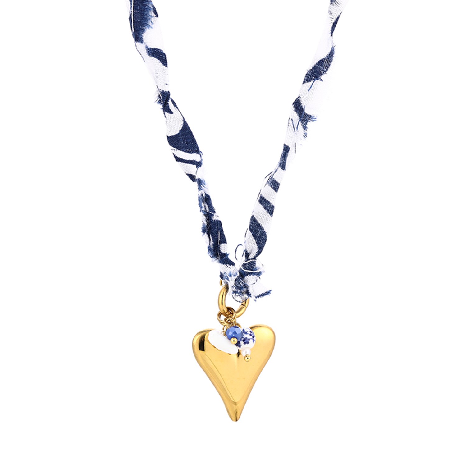 Wit-blauwe ketting van stof met hartjes hanger en parels - premium stainless steel - nikkel vrij - hypoallergeen
