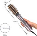 Grijze en roségouden föhnborstel met specificaties: 50mm diameter, 43cm lengte en 333g gewicht.