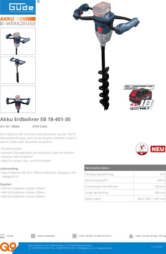 Güde Accu Grondboor EB 18-401-30 - Inclusief accu 4.0 Ah en Lader - Incl. boor 100 mm - — afbeelding 4