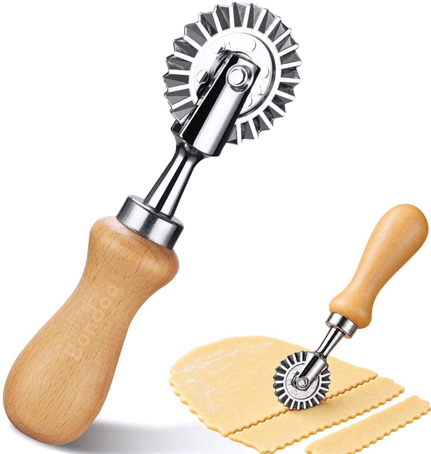 Bondoo Pastasnijder - Deegsnijder - Ravioli snijder - Pasta snijder - Deegwiel - Deegmesje - Deegsnijder roller - Pastasnijder roestvrijstaal - Pastasnijder gekarteld - Deegsnijder rvs - Hout