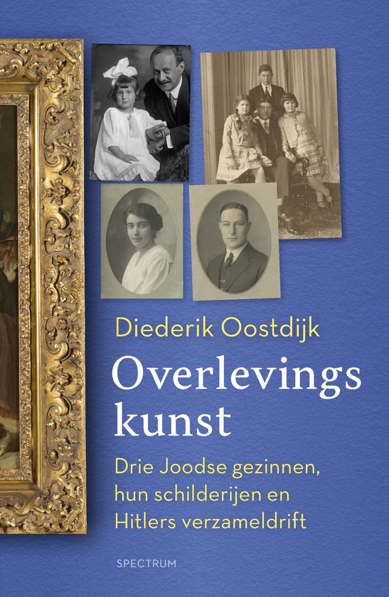 Boekomslag Overlevingskunst met historische familiefoto's en een gouden lijst tegen een blauwe achtergrond.