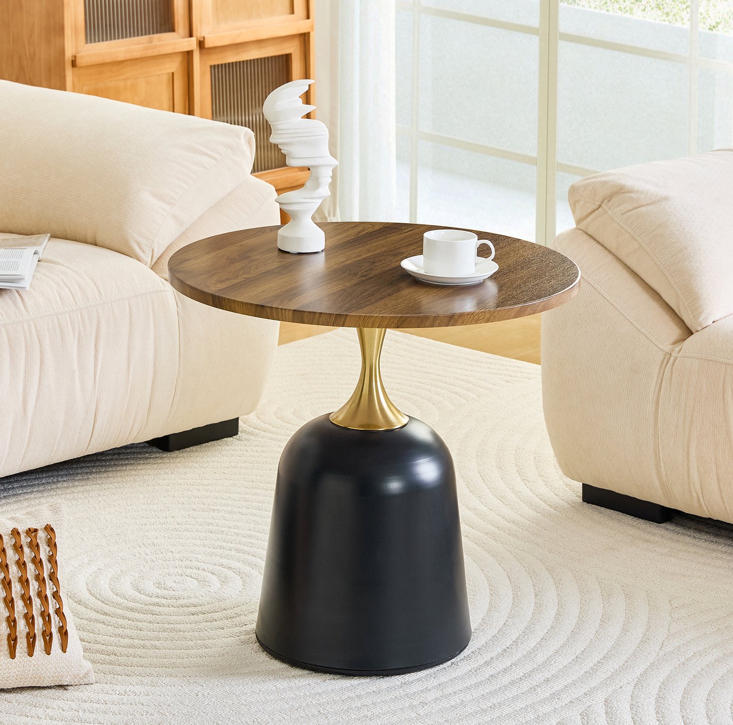 CHICFURN Bijzettafel - rond - metalen onderstel - walnoot en zwart Walnootkleurig