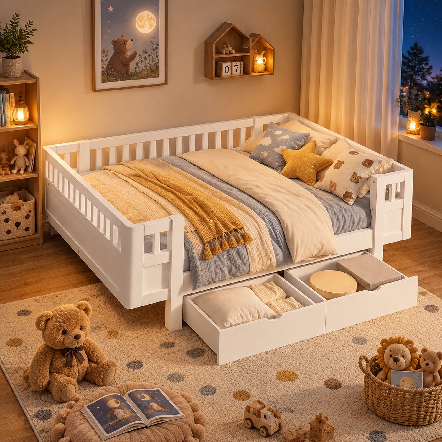 Welltin Kinderbed 140x200 cm - Tweepersoonsbed - Vloerbed - Multifunctioneel bed - Massief houten bedframe - Met veiligheidsleuning - Met lades - Wit