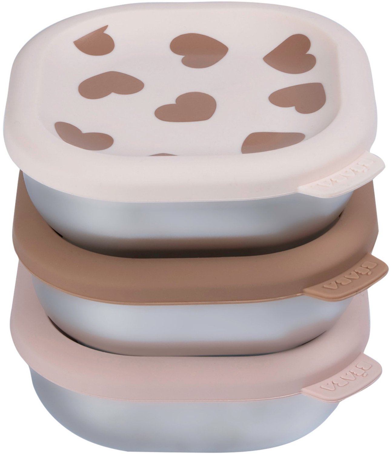 Béaba Snackbox Big Love - RVS Bewaarbakjes met Siliconen Deksel - Magnetron- & Ovenbestendig - 250 ml - 3 Stuks - Roze / Bruin / Ecru