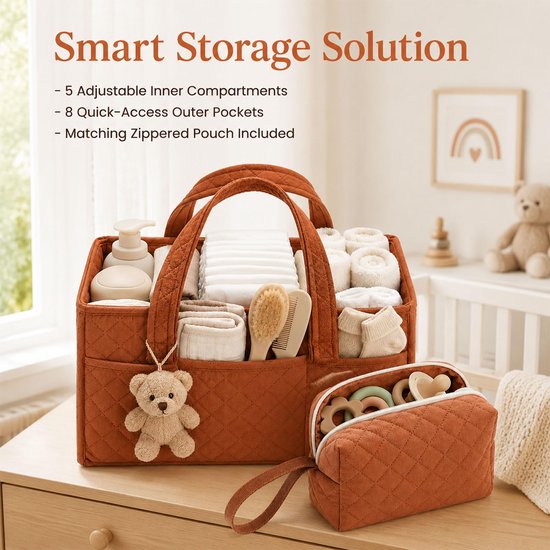 Namajunas - 2 Stusk Luiertas - Met Opbergtas - Uitneembare verdelers -Met handvat - Luiermand - Luiermandje - Speelgoedmand - Luiermand voor Babykameraccessoires - Luier Organizer - Opbergmand voor babyluiers en doekjes - Organizerr - Oranje — afbeelding 3