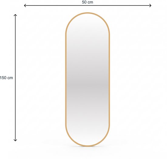 Ovale wandspiegel met goudkleurige metalen rand, 50 cm breed bij 150 cm hoog.