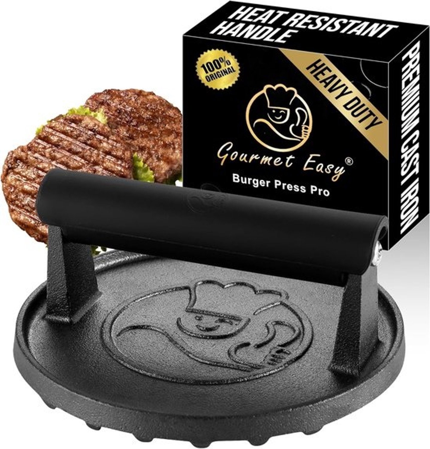 Burgerpers van gietijzer - Hamburger smasher - Burgers vormen - Hittebestendige greep - Ø15cm - Zwart