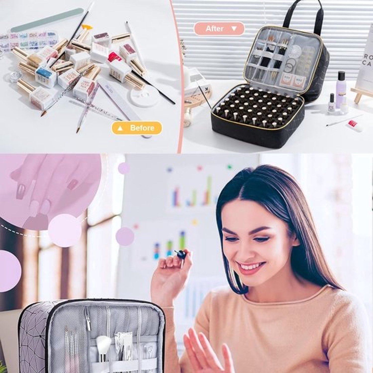 Grote make-uptas - Nagellakorganizer - Opbergtas voor op reis - Dubbellaags ontwerp - Ruimte voor 30 flessen - Zwart