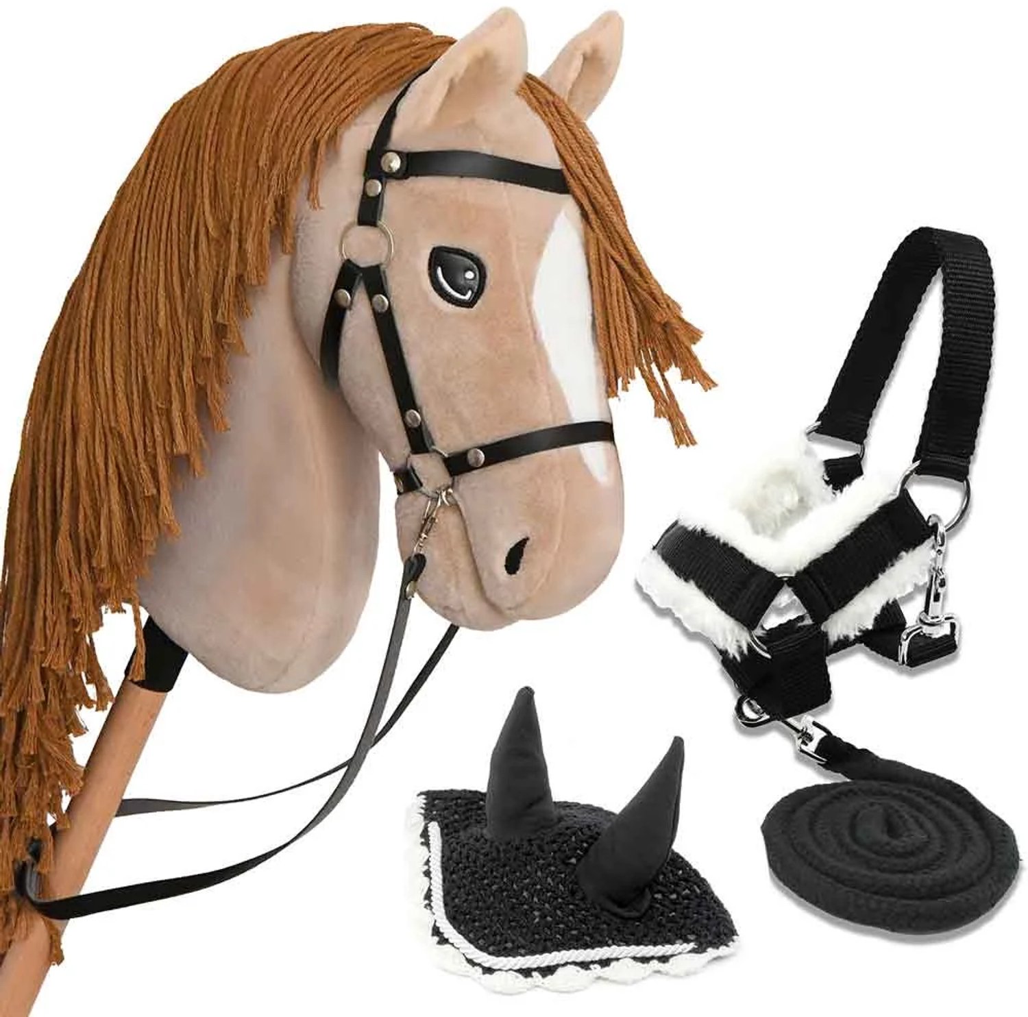 Hobby Horse Land Hobbyhorse Perlino Crème Paard - Maat A3 (L) - Met Zwart Halster, Hoofdstel en Vliegenkap